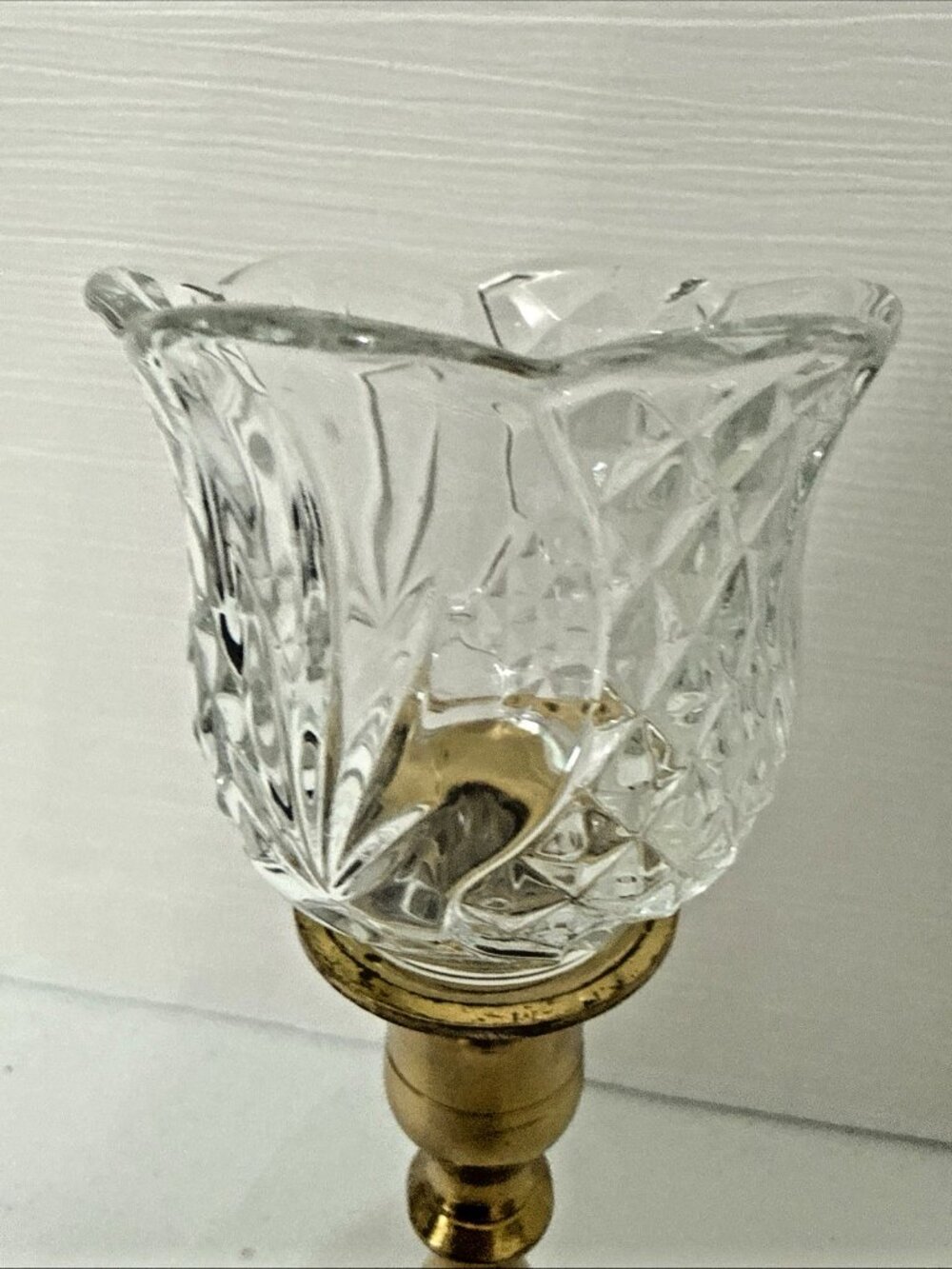 Homco Tulip Diamond Clear Votive Holder on Heavy Brass Candlestick Holder 10.75" - Picture 2 of 11